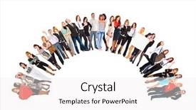  Presentation with five business people standing together and smiling - Colorful presentation design enhanced with semicircle - business picture standing together backdrop and a white colored foreground