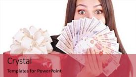  Presentation with russian - Amazing PPT layouts having semicircle - woman with money russian rouble backdrop and a red colored foreground
