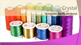  Presentation with coloured - Presentation theme enhanced with semicircle of many-coloured bobbins of thread isolated on white background and a blonde colored foreground