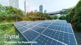  Presentation with energy solar - PPT theme featuring semiconductor environment - solar panel plant with urban background and a  colored foreground