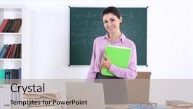  Presentation with classroom - Cool new presentation design with seminar mathmatic - young beautiful teacher in classroom backdrop and a light gray colored foreground