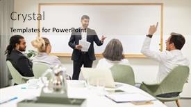  Presentation with business training - PPT theme enhanced with seminar-participant-asks-questions background and a lemonade colored foreground