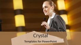  Presentation with audience - Slide deck with businesswoman standing on stage background and a coral colored foreground