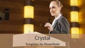  Presentation with audience - Slide set with woman speaking - businesswoman standing on stage background and a  colored foreground