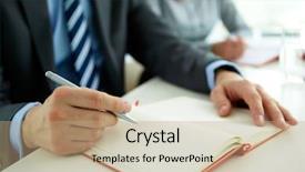  Presentation with pen - Slide deck enhanced with semnar planning - image of male hand background and a coral colored foreground