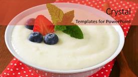  Presentation with snack - Slide set having semolina pudding snack decorated with fresh fruit background and a red colored foreground