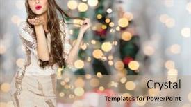  Presentation with fancy dress - Cool new PPT theme with sending blow kiss over christmas backdrop and a coral colored foreground