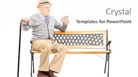  Presentation with man sitting bench - Slide set with colleagues using laptop in the office background and a coral colored foreground