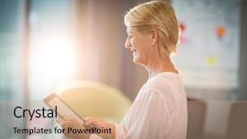  Presentation with using digital tablet - Presentation theme with senior adult - woman using digital tablet background and a  colored foreground