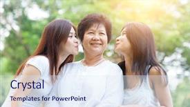  Presentation with elderly asian - Colorful presentation theme enhanced with senior adult woman and grown backdrop and a sky blue colored foreground