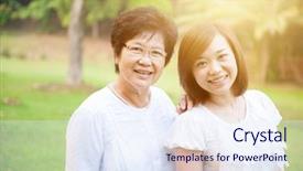  Presentation with elderly asian - Presentation design enhanced with senior adult woman and grown background and a sky blue colored foreground