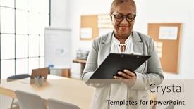  Presentation with senior worker - Slide deck featuring senior-african-american-woman-business background and a coral colored foreground