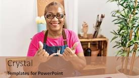  Presentation with language - Presentation design consisting of senior-african-american-woman-communicating background and a coral colored foreground