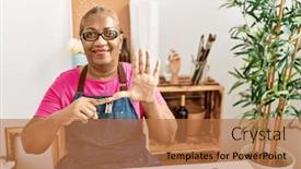 Presentation with language - Slides enhanced with senior-african-american-woman-communicating background and a coral colored foreground