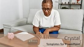  Presentation with economy - Presentation theme enhanced with senior-african-american-woman-controlling background and a coral colored foreground