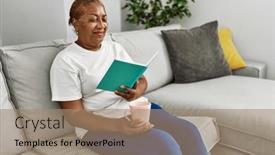  Presentation with coffee book - Slide deck consisting of senior-african-american-woman-drinking background and a coral colored foreground