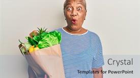  Presentation with paper bag - Slide deck with senior-african-american-woman-holding background and a light blue colored foreground