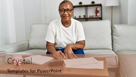  Presentation with economy - Presentation theme featuring senior-african-american-woman-smiling background and a coral colored foreground