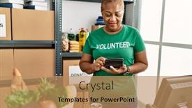  Presentation with african charity - Presentation theme having senior-african-american-woman-wearing background and a coral colored foreground