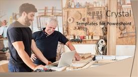  Presentation with computer workshop - Slide set consisting of senior and craftsman apprentice together at laptop computer in workshop background and a coral colored foreground