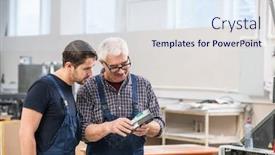  Presentation with scanning - Colorful PPT layouts enhanced with senior-and-young-printing-workers backdrop and a sky blue colored foreground