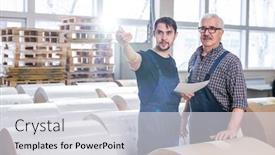  Presentation with young plant - Audience pleasing PPT layouts consisting of senior-and-young-warehouse-workers backdrop and a light gray colored foreground