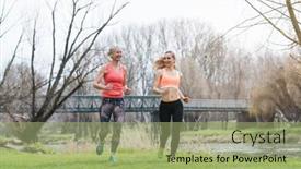  Presentation with health woman running female runner - Slide set consisting of senior and young woman running as sport on a meadow in spring towards the viewer background and a mint green colored foreground