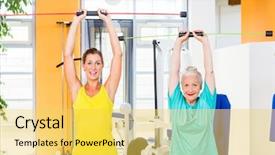  Presentation with club training - Presentation theme featuring senior and young woman on fitness ball training arm muscles with rod in gym or health club background and a yellow colored foreground