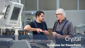  Presentation with industrial workers - Amazing slide deck having senior-and-young-workers-standing backdrop and a ocean colored foreground