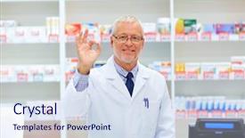  Presentation with medicine - Presentation theme having senior apothecary at pharmacy cash background and a sky blue colored foreground