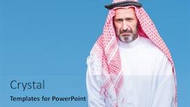  Presentation with arab - Audience pleasing theme consisting of senior arab man wearing keffiyeh over isolated background depressed and worry for distress crying angry and afraid sad expression backdrop and a light blue colored foreground