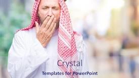  Presentation with sleepiness - Presentation theme with senior arab man wearing keffiyeh over isolated background bored yawning tired covering mouth with hand restless and sleepiness background and a sky blue colored foreground