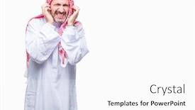  Presentation with arab music - Audience pleasing theme consisting of senior arab man wearing keffiyeh over isolated background covering ears with fingers with annoyed expression for the noise of loud music deaf concept backdrop and a white colored foreground