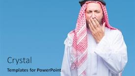  Presentation with sleepiness - Cool new slides with senior arab man wearing keffiyeh over isolated background bored yawning tired covering mouth with hand restless and sleepiness backdrop and a light blue colored foreground
