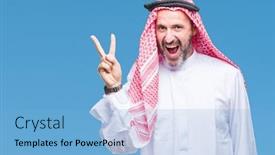  Presentation with arabic music arab man playing - Colorful presentation design enhanced with senior arab man wearing keffiyeh over isolated background smiling with happy face winking at the camera doing victory sign number two backdrop and a light blue colored foreground