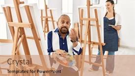  Presentation with art - Slide set consisting of senior-artist-man-at-art background and a coral colored foreground