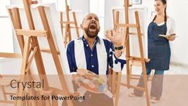  Presentation with art - PPT layouts with senior-artist-man-at-art background and a coral colored foreground