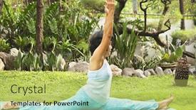  Presentation with senior asian - PPT layouts having senior asian woman doing yoga at park in the morning background and a yellow colored foreground