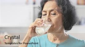  Presentation with senior asian - Slides with senior asian woman drinking milk at home background and a coral colored foreground