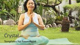  Presentation with senior asian - PPT theme featuring meditating as part of yoga background and a yellow colored foreground