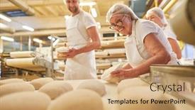  Presentation with baking - PPT theme enhanced with senior-baker-baking-the-loaf background and a coral colored foreground