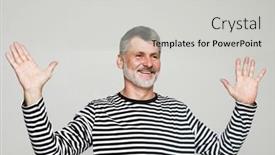  Presentation with positive attitude - Slide deck consisting of senior-bearded-man-feeling-happy background and a light gray colored foreground