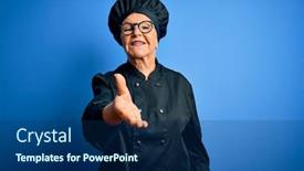  Presentation with blue handshake - PPT theme featuring senior-beautiful-grey-haired-chef background and a navy blue colored foreground