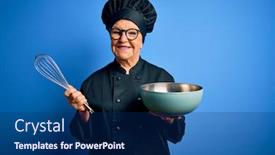  Presentation with chef - Audience pleasing presentation theme consisting of senior-beautiful-grey-haired-chef backdrop and a navy blue colored foreground