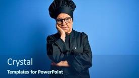  Presentation with chef - Presentation design featuring senior-beautiful-grey-haired-chef background and a ocean colored foreground