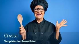  Presentation with hands holding - Amazing slide deck having senior-beautiful-grey-haired-chef backdrop and a ocean colored foreground