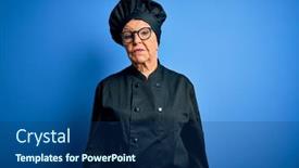  Presentation with chef - Slides featuring senior-beautiful-grey-haired-chef background and a ocean colored foreground