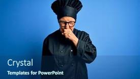  Presentation with senior care - PPT theme enhanced with senior-beautiful-grey-haired-chef background and a ocean colored foreground