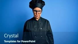  Presentation with chef - Cool new slides with senior-beautiful-grey-haired-chef backdrop and a ocean colored foreground