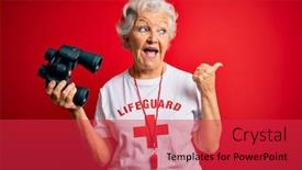  Presentation with red grey - Beautiful presentation theme featuring senior-beautiful-grey-haired-lifeguard backdrop and a red colored foreground